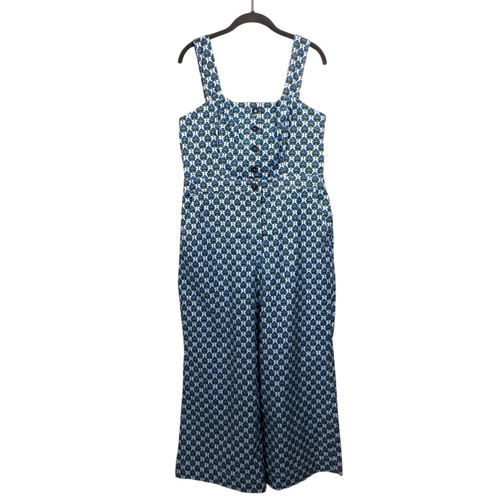 Maeve The Colette Jumpsuit Blue Green Floral Fan Print Button Front 14P